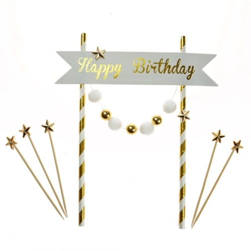 Topper girlanda ozdoby na tort napis Happy Birthday pomponiki gwiazdki biało-złote dekoracje urodzinowe